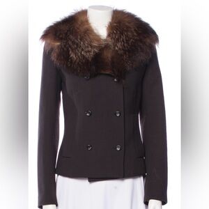 D&G Women's Brown Double-Breasted Jacket with Fur Collar